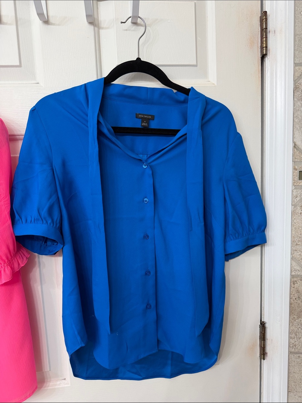 Worthington Royal Blue Short-Sleeve Button Blouse with Neck Tie